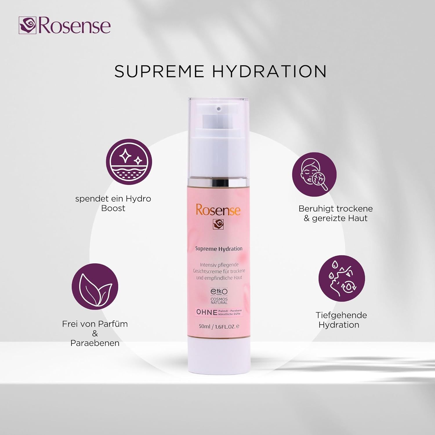 Crema Rosense Supreme Hydration. Flacone rosa con nome e logo del prodotto. Fornisce un'idratazione intensa. Lenisce la pelle secca. 50 ml.