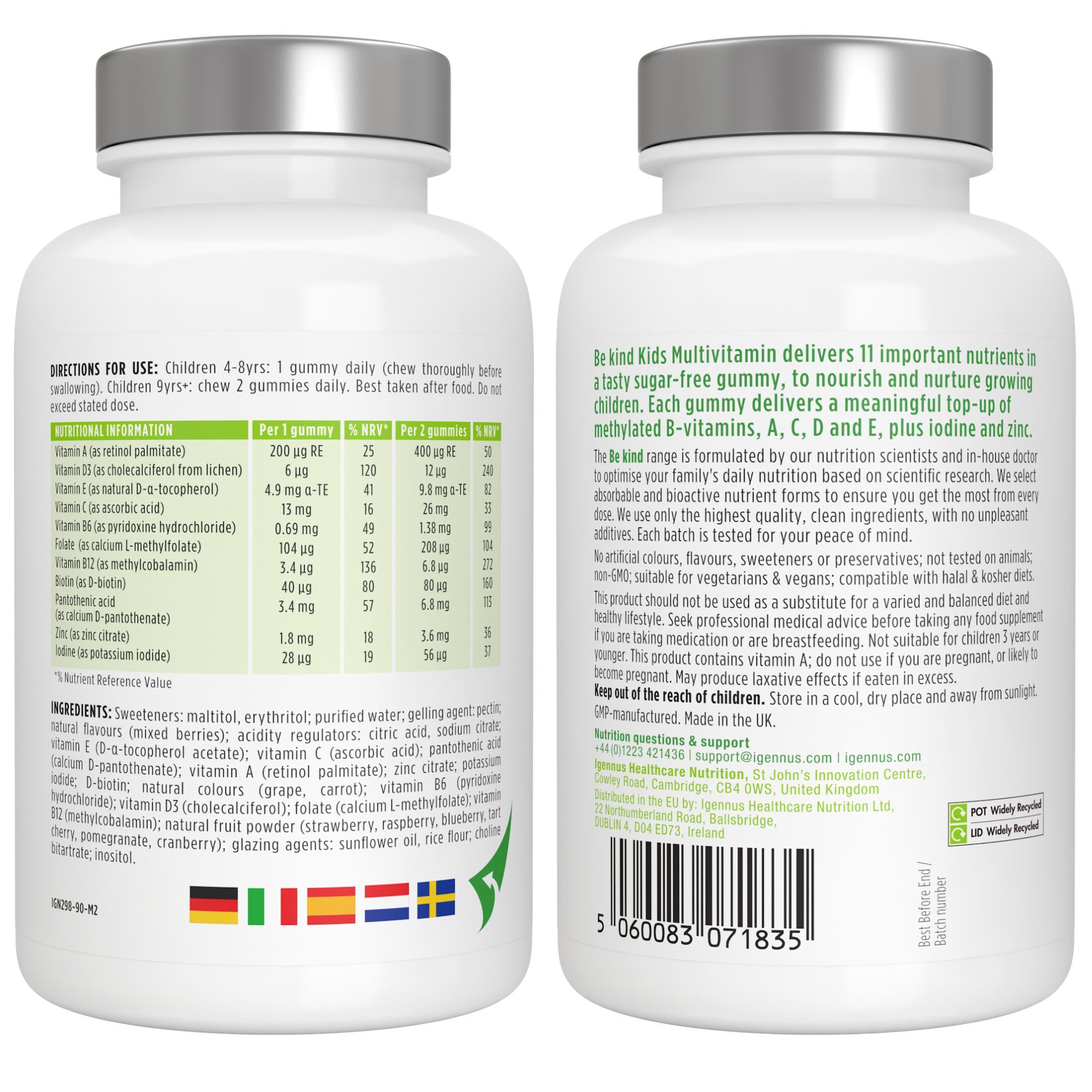 Due flaconi di caramelle gommose. Testo: Be kind Kids Multivitamin. 11 nutrienti importanti. Istruzioni per l'uso. Ingredienti. Vegano.