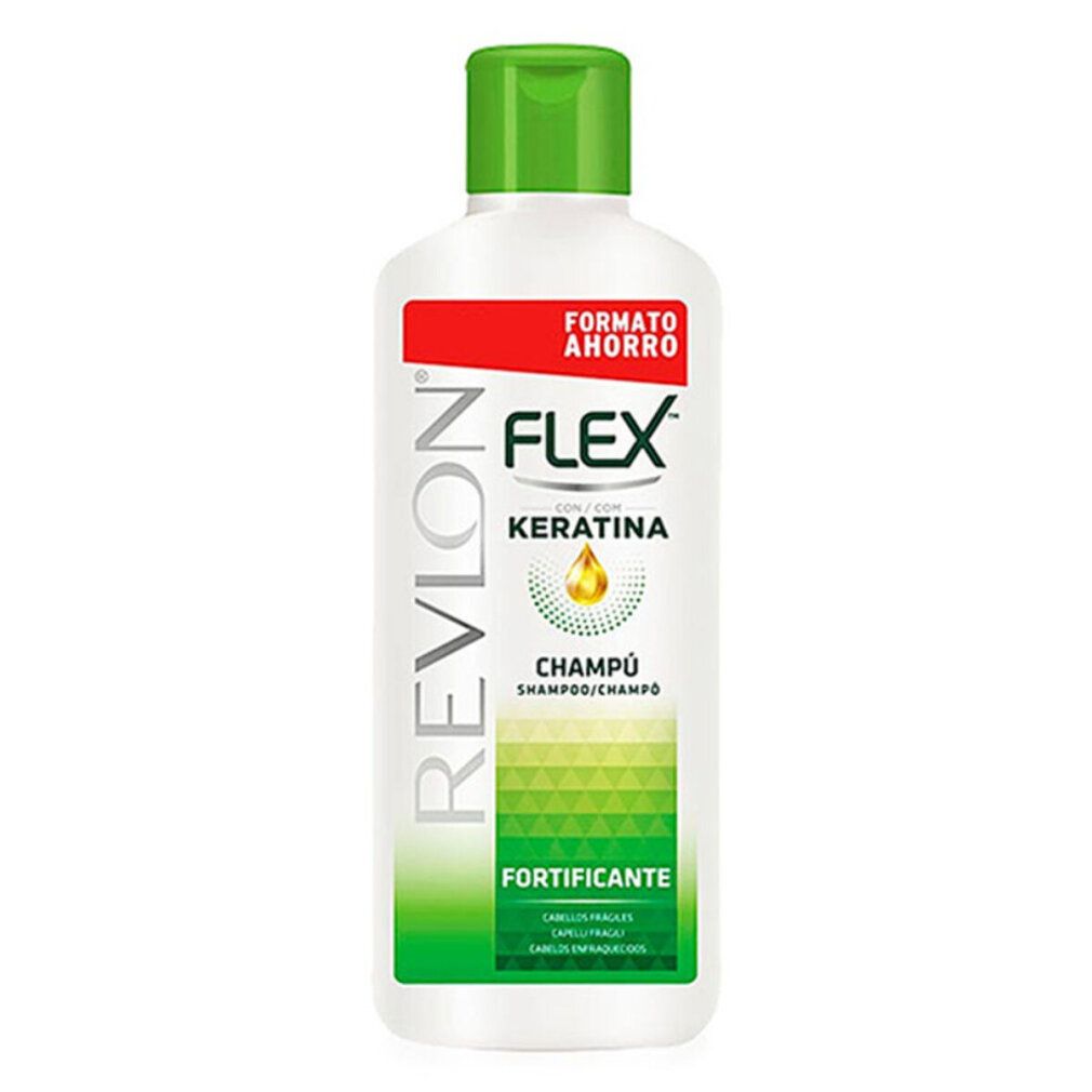 Flacone bianco con tappo verde. Scritta: Revlon Flex Keratina Champú Fortificante. Formato Risparmio.