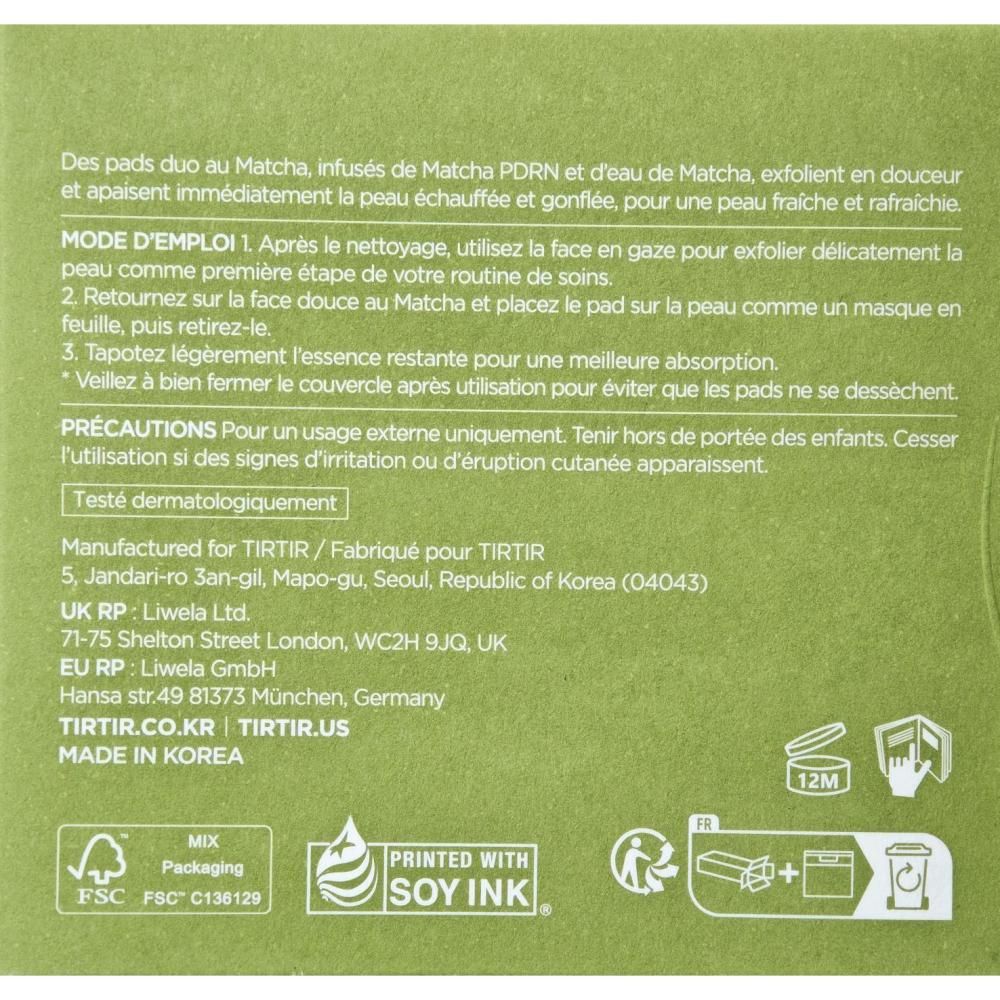 Confezione di dischetti al matcha con istruzioni e ingredienti. Include loghi FSC e stampa a inchiostro di soia.