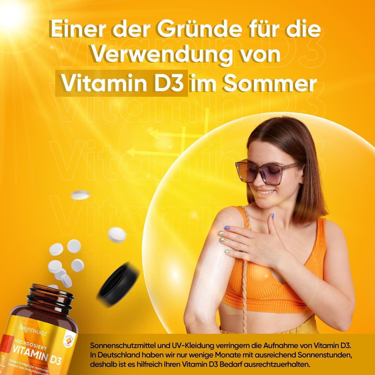 Donna con occhiali da sole e bottiglia. Testo: Uno dei motivi per usare la vitamina D3 in estate.