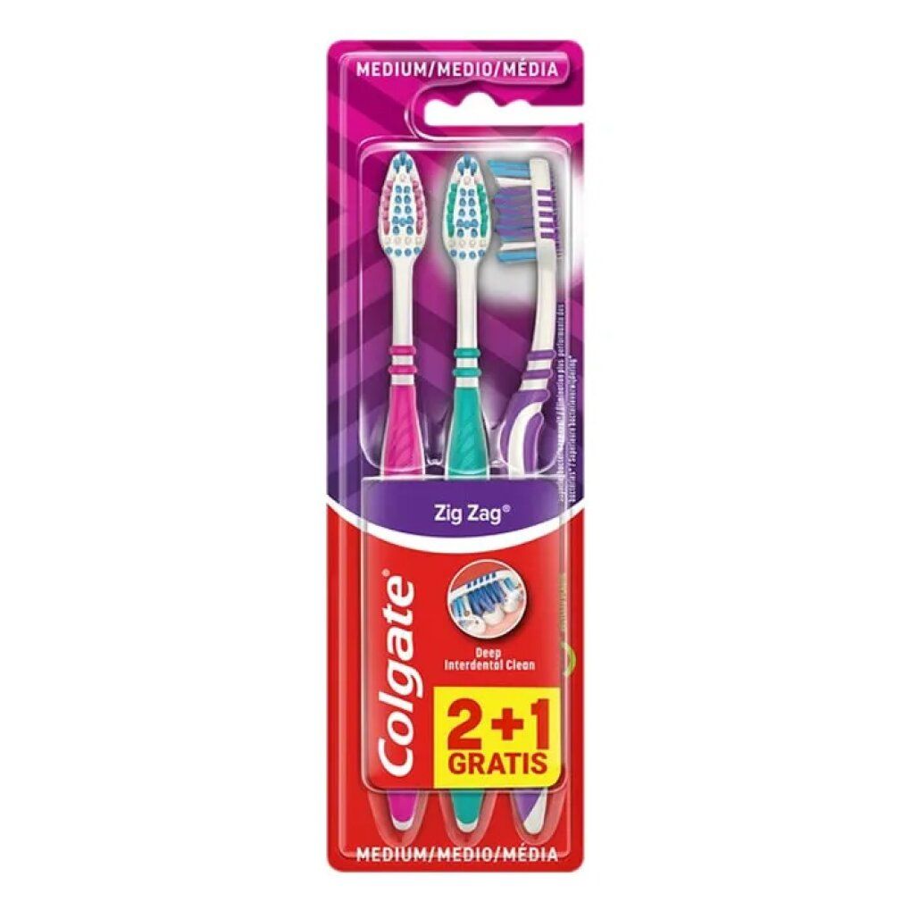 Confezione di spazzolini Colgate Zig Zag, tre pezzi. Colori: rosa, verde, viola. Offerta 2+1 gratis. Indicazione Medium.