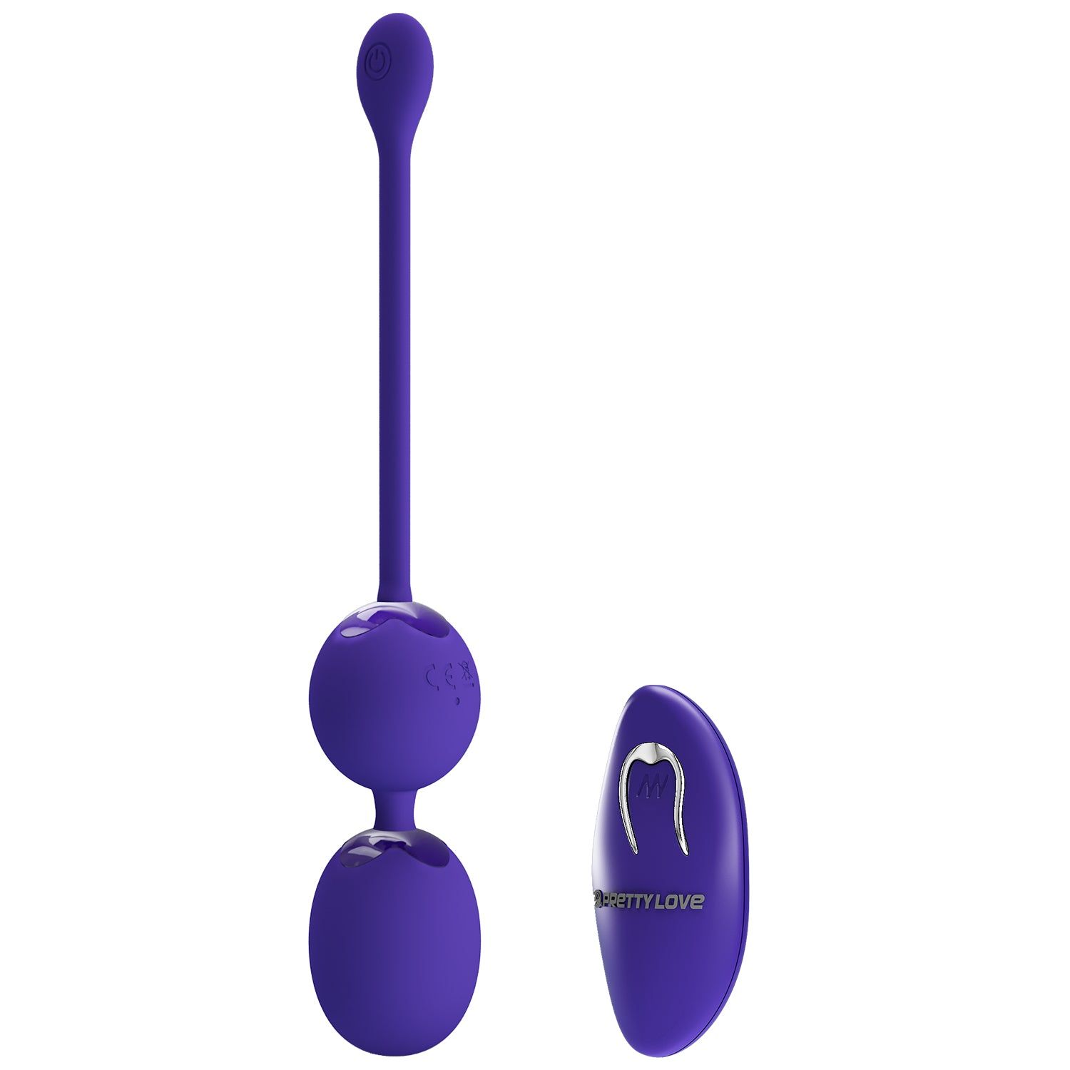 Palline di Kegel viola con telecomando. Il telecomando presenta il logo Pretty Love.