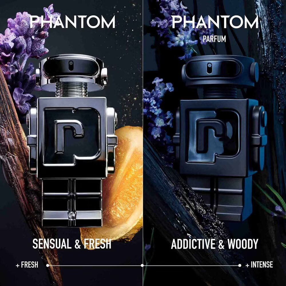 Due flaconi robot, uno argentato, uno nero. Testo: "Phantom" e "Parfum". "Sensual & Fresh" e "Addictive & Woody".