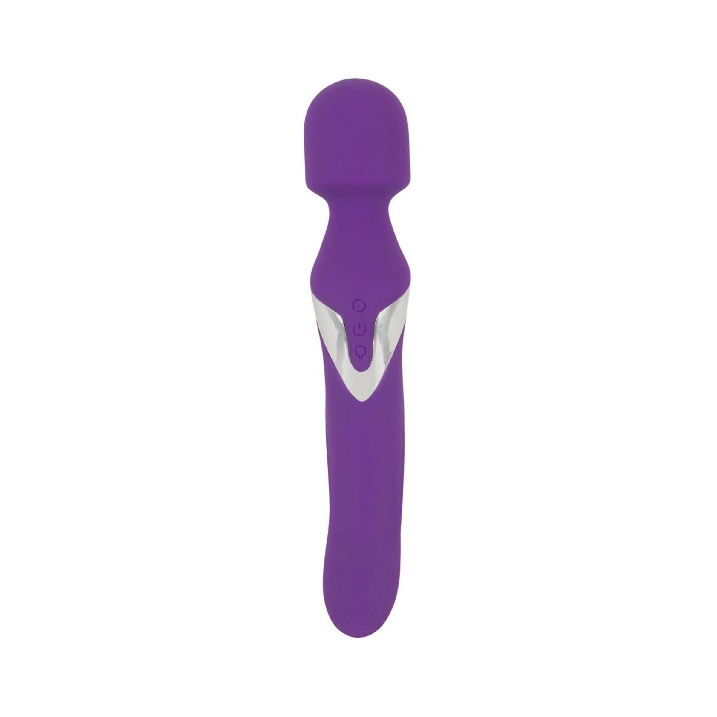 Massaggiatore viola con dettaglio argento. Forma ergonomica, testa arrotondata e manico dritto.