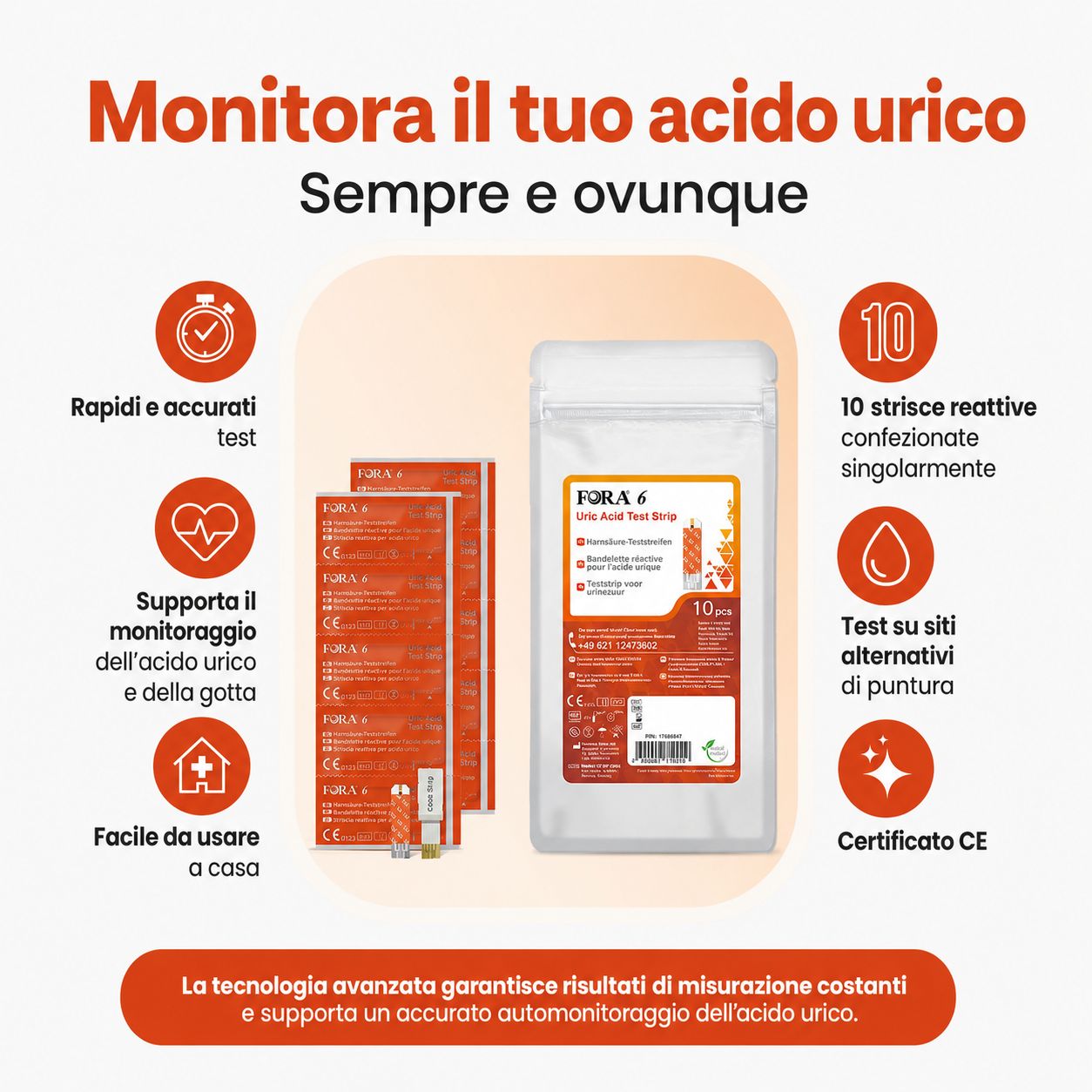 10 strisce reattive per acido urico confezionate singolarmente per FORA 6 Connect. Certificato CE.