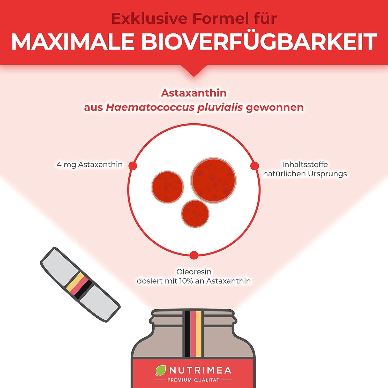 Grafica con cerchi rossi e informazioni sull'astaxantina. Flacone di capsule di astaxantina in basso.