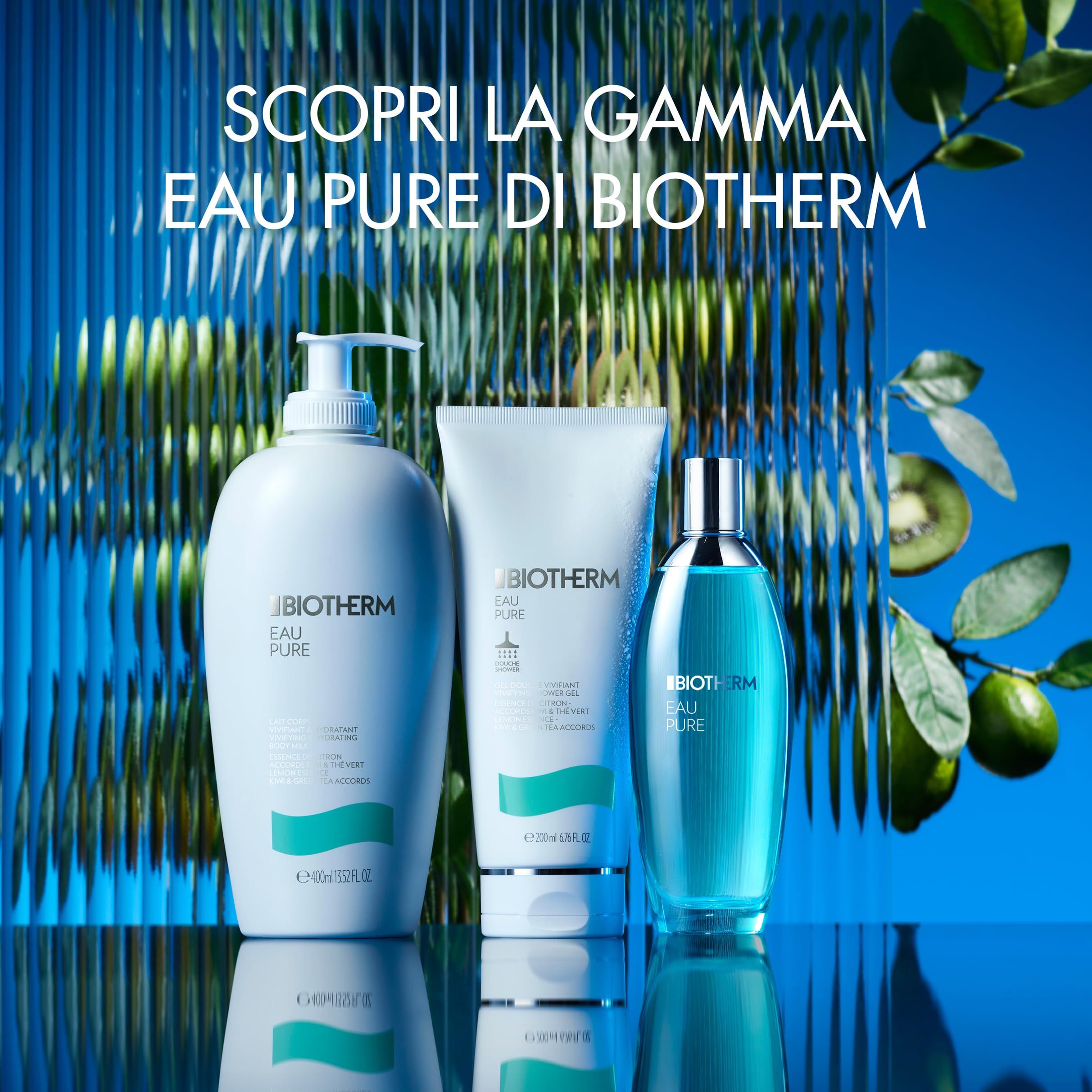 Tre flaconi: BIOTHERM EAU PURE, tubo bianco, flacone bianco. Kiwi, lime, foglie verdi sullo sfondo.