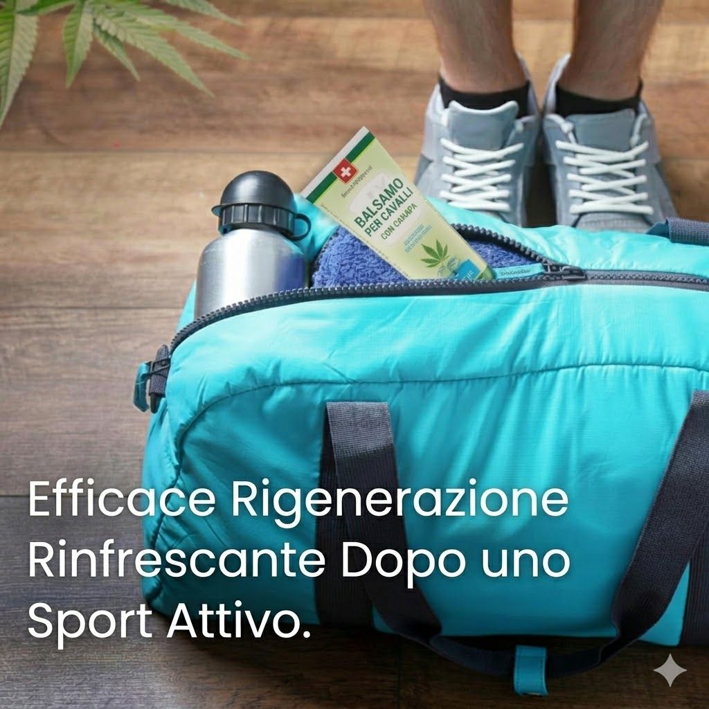 Borsa sportiva con tubo. Scritta: Balsamo per Cavalli con Canapa, logo SwissMedicus. Rinfrescante. Accanto, borraccia. Scarpe da ginnastica.