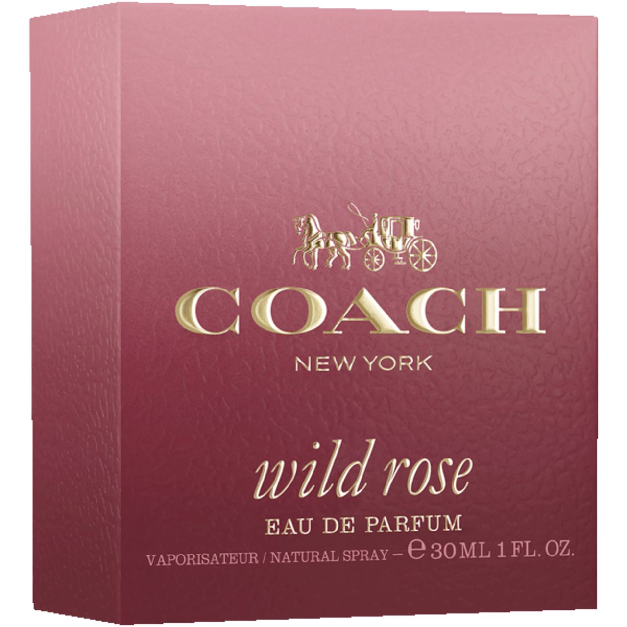 Confezione rosa-rossa con logo e scritta dorati. La scritta dice COACH NEW YORK, seguita da wild rose, Eau de Parfum.