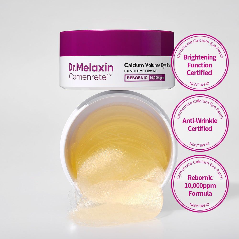 Dr. Melaxin Cemenrete Calcium Volume Eye Patch contenitore con patch occhi gialli e certificazioni.