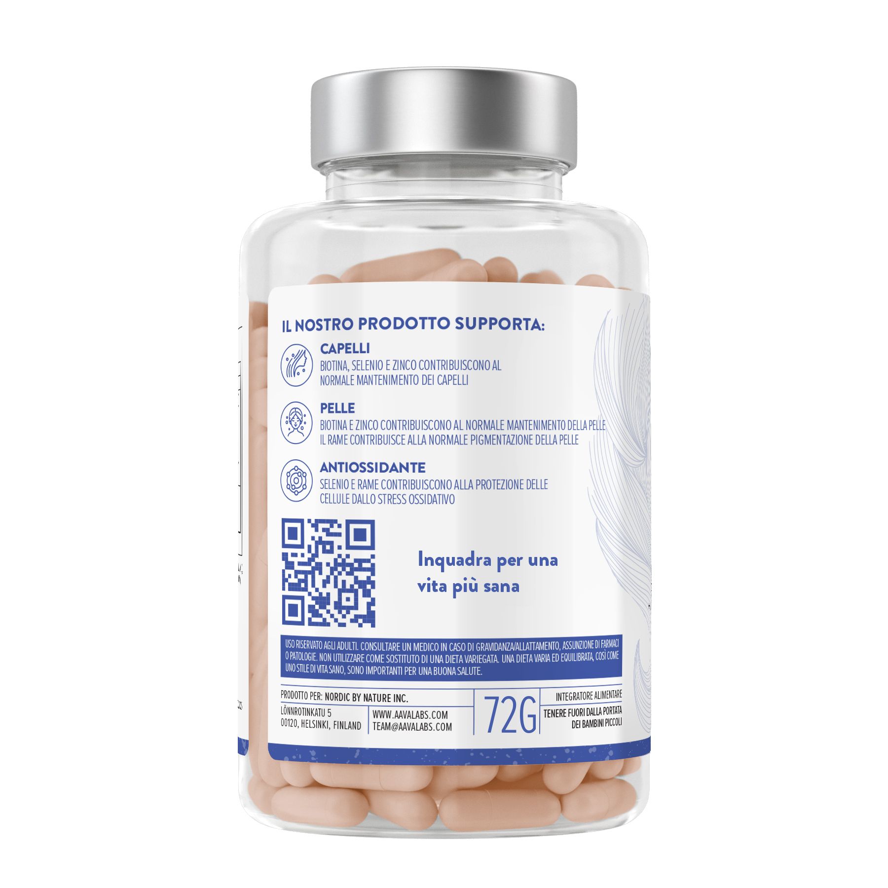 Retro di un flacone di capsule. Testo: Supporta capelli, pelle, unghie. Codice QR. 72g. AAVALABS.