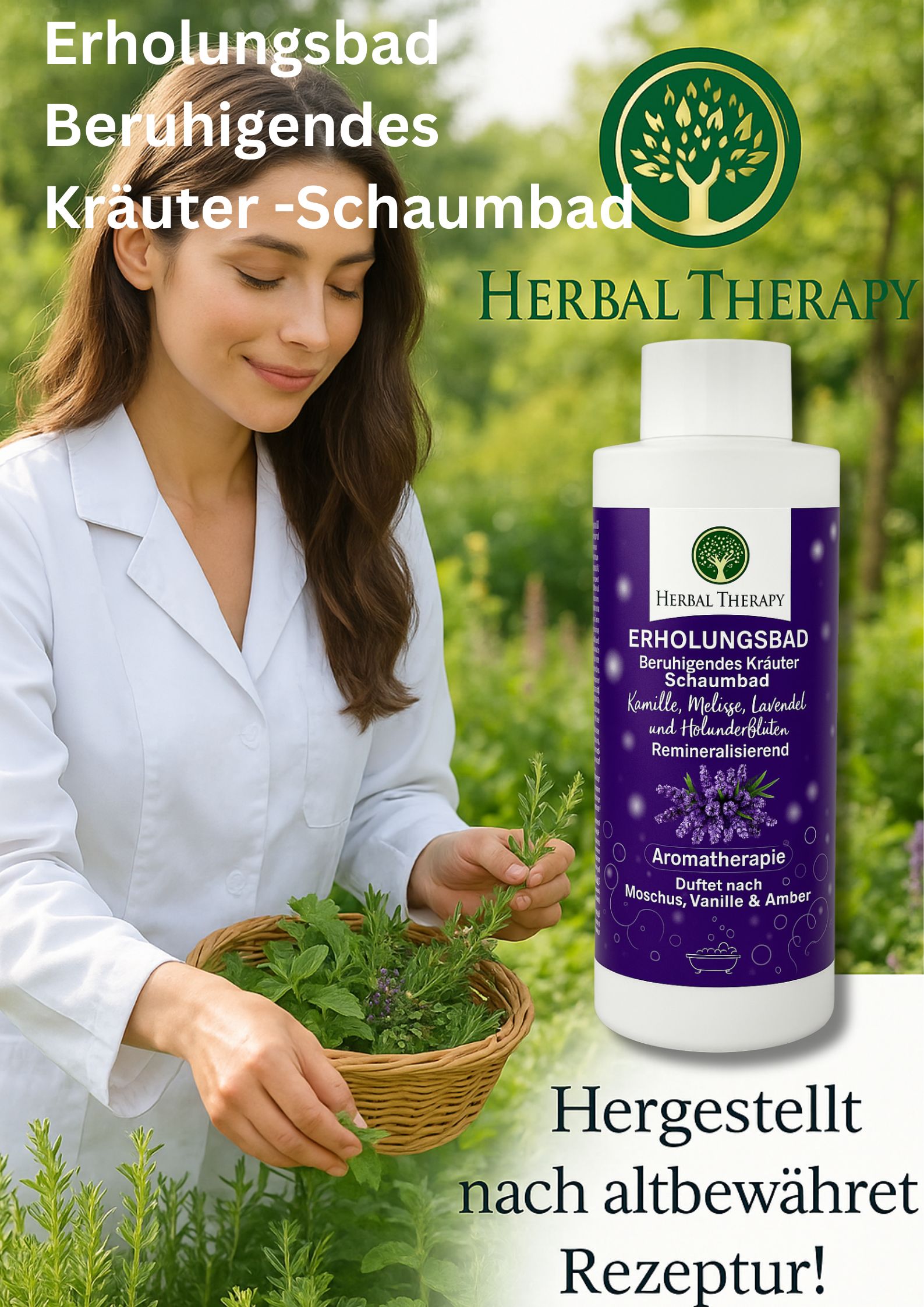 Donna con flacone ed erbe. Flacone con etichetta viola: Bagno rilassante, bagno schiuma alle erbe. Logo Herbal Therapy.