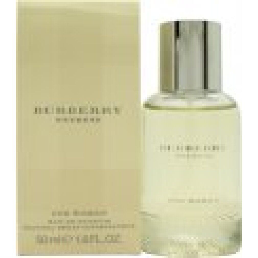 Flacone di profumo e confezione. Scritta: Burberry Weekend, For Women. Flacone beige con tappo argentato. Confezione beige con logo.