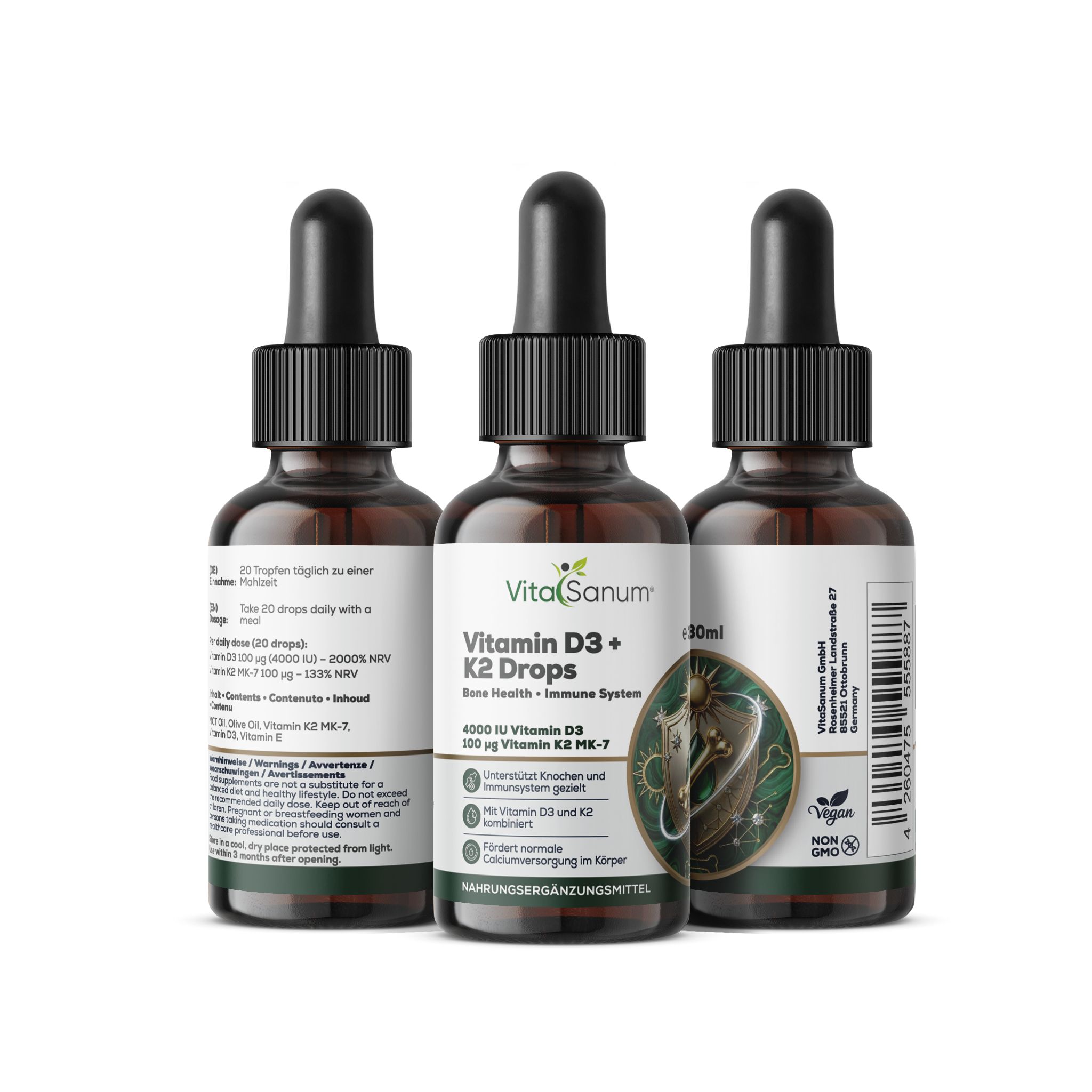 Tre flaconi di VitaSanum Vitamina D3 + K2 gocce con contagocce. Per ossa e sistema immunitario.