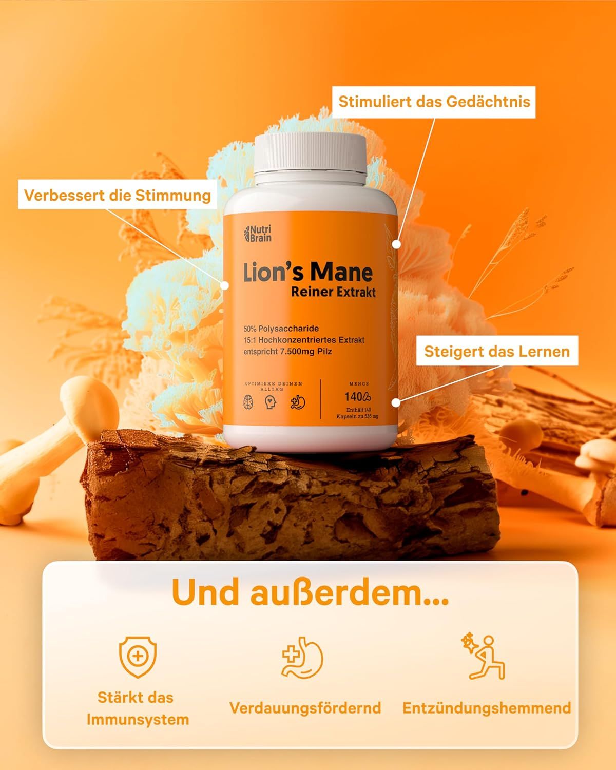 Capsula Nutri Brain Lion's Mane. Stimola la memoria, migliora l'umore, aumenta l'apprendimento.