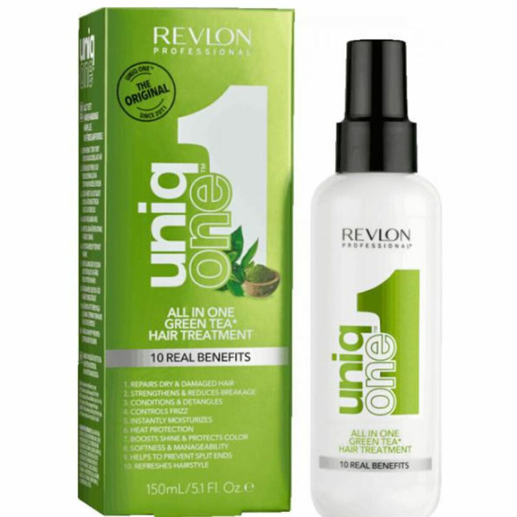 Prodotto e confezione. Spray per capelli bianco con confezione verde. Scritta: Uniq One, Revlon Professional, All in One Green Tea Hair Treatment, 10 Real Benefits.