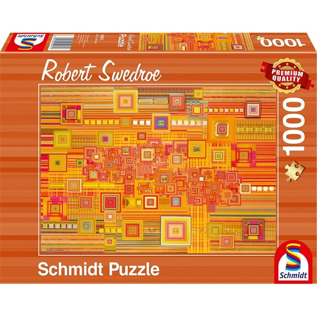 Scatola puzzle "Robert Swedroe". Disegno astratto di quadrati e linee arancioni e gialle. Marchio "Schmidt Puzzle". 1000 pezzi.