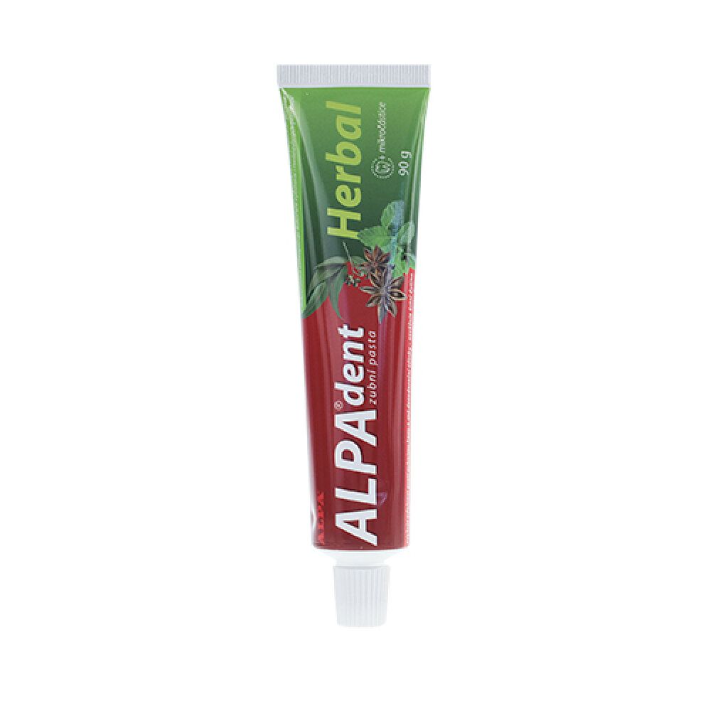 Tubo di dentifricio Alpa-Dent Kräuterzahnpasta. Tubo verde e rosso con scritta 'Herbal' e 'Alpa-Dent'.