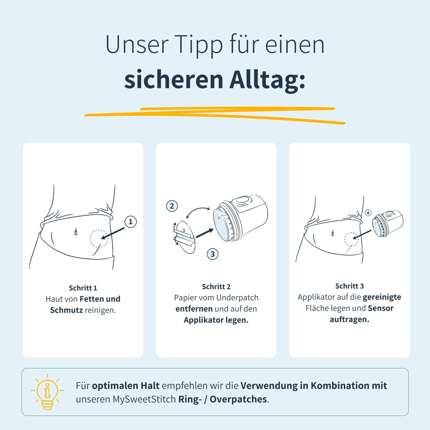 Tre passaggi per l'applicazione: pulire la pelle, rimuovere la carta dal cerotto, applicare l'applicatore. Testo: Il nostro consiglio per una giornata sicura.