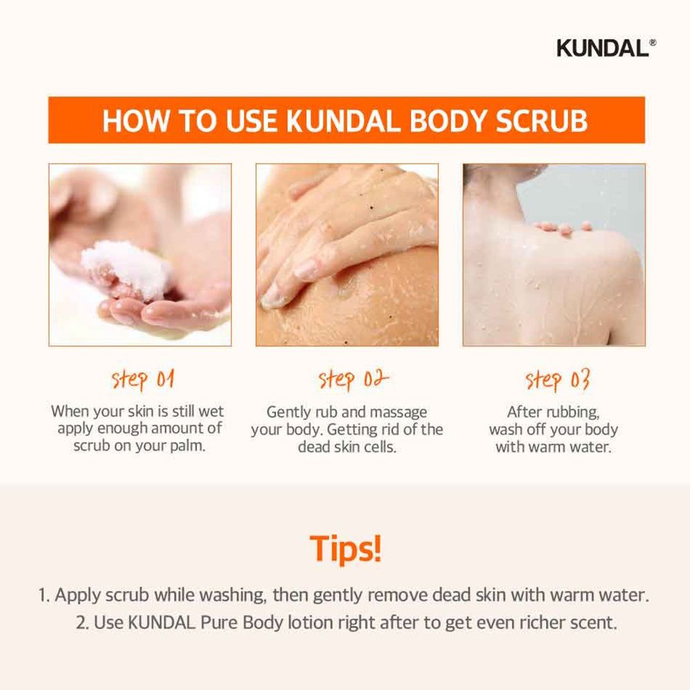 Istruzioni per lo scrub corpo Kundal: mani con scrub, massaggio corporeo, risciacquo.