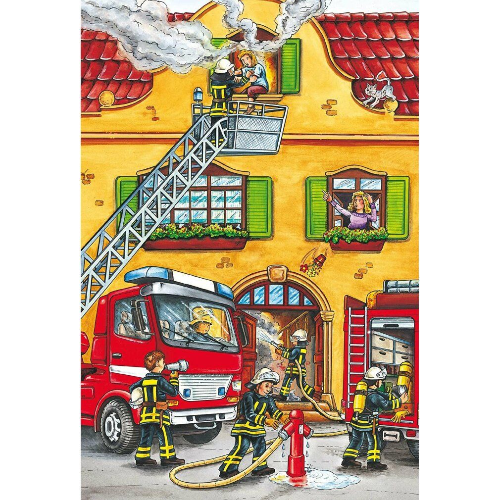 Motivo del puzzle: vigili del fuoco in azione. Camion dei pompieri rosso, scala, vigili del fuoco che spengono l'incendio. Marca: Schmidt Spiele. 24 pezzi.
