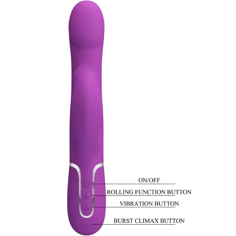 Vibratore coniglio viola con etichette pulsanti: ON/OFF, Rolling, Vibration, Burst.