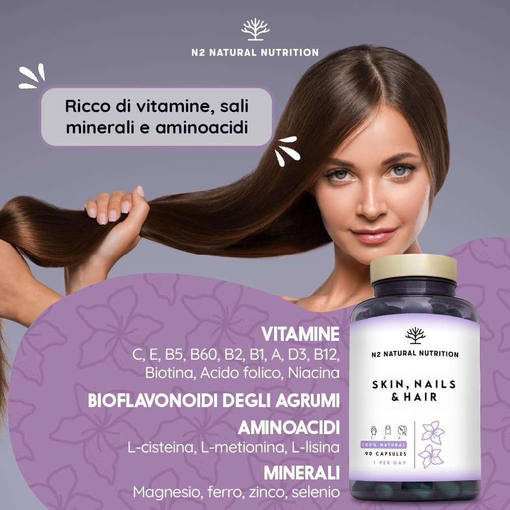 Flacone 'Skin, Nails & Hair'. Contiene vitamine, minerali e aminoacidi.