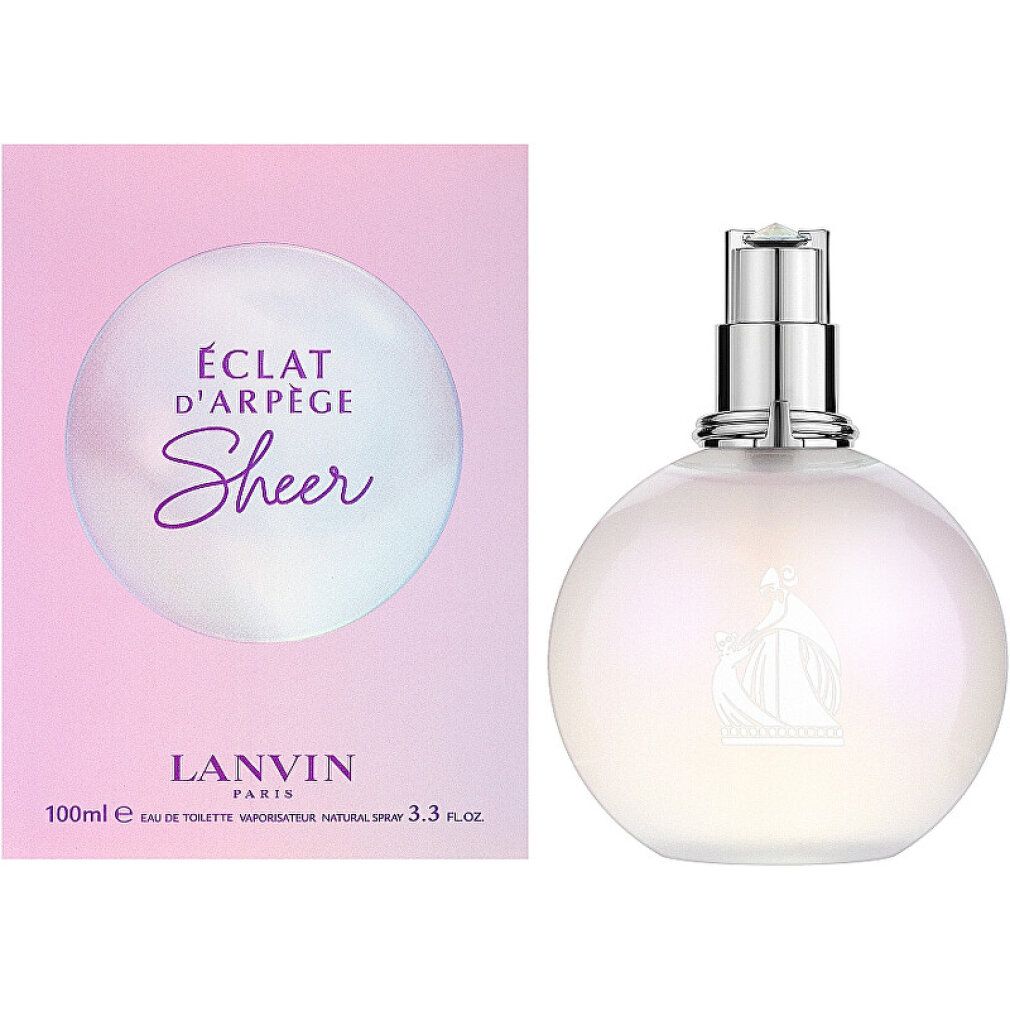 Scatola rosa e flacone. "Éclat d'Arpège Sheer" e "Lanvin" sulla scatola. Il flacone è rotondo e rosa-bianco iridescente.