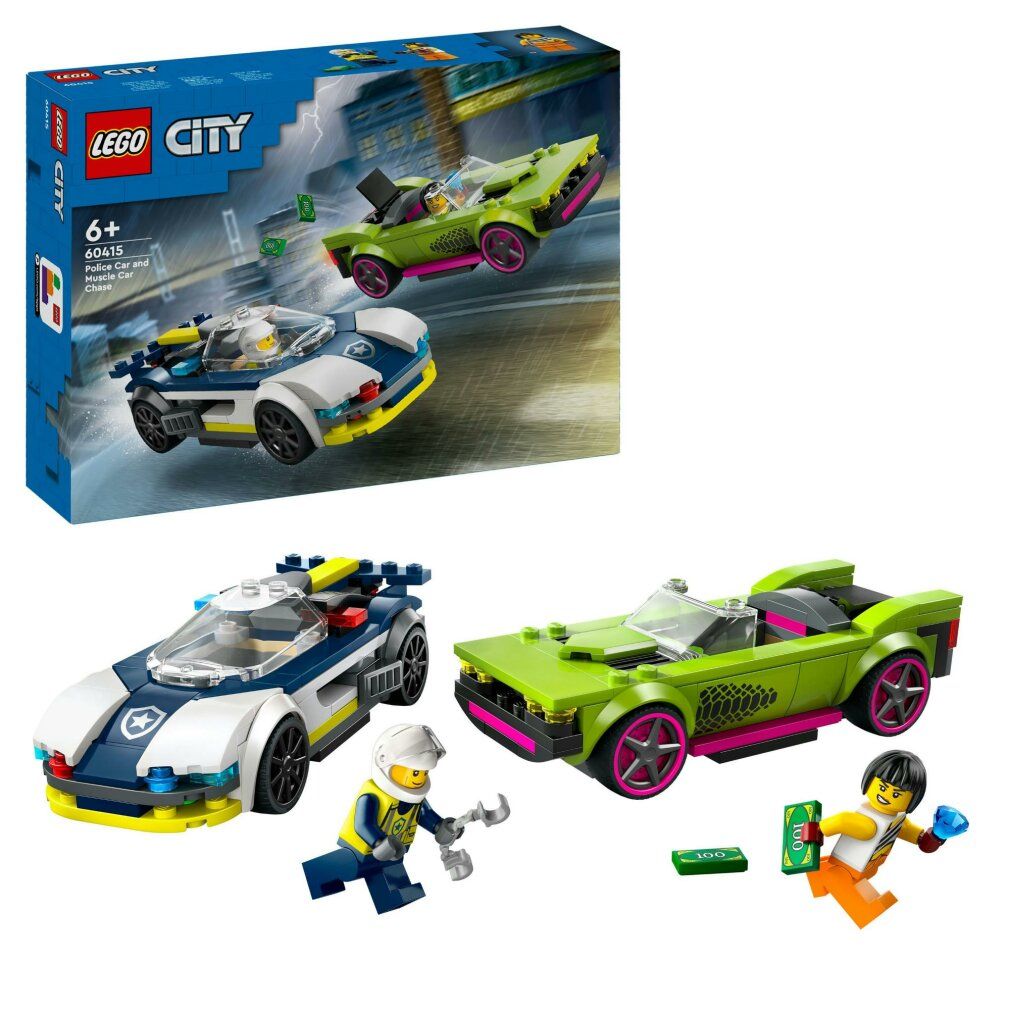 Set LEGO City con due macchinine giocattolo, personaggi e accessori. La confezione mostra le auto. I personaggi tengono accessori.
