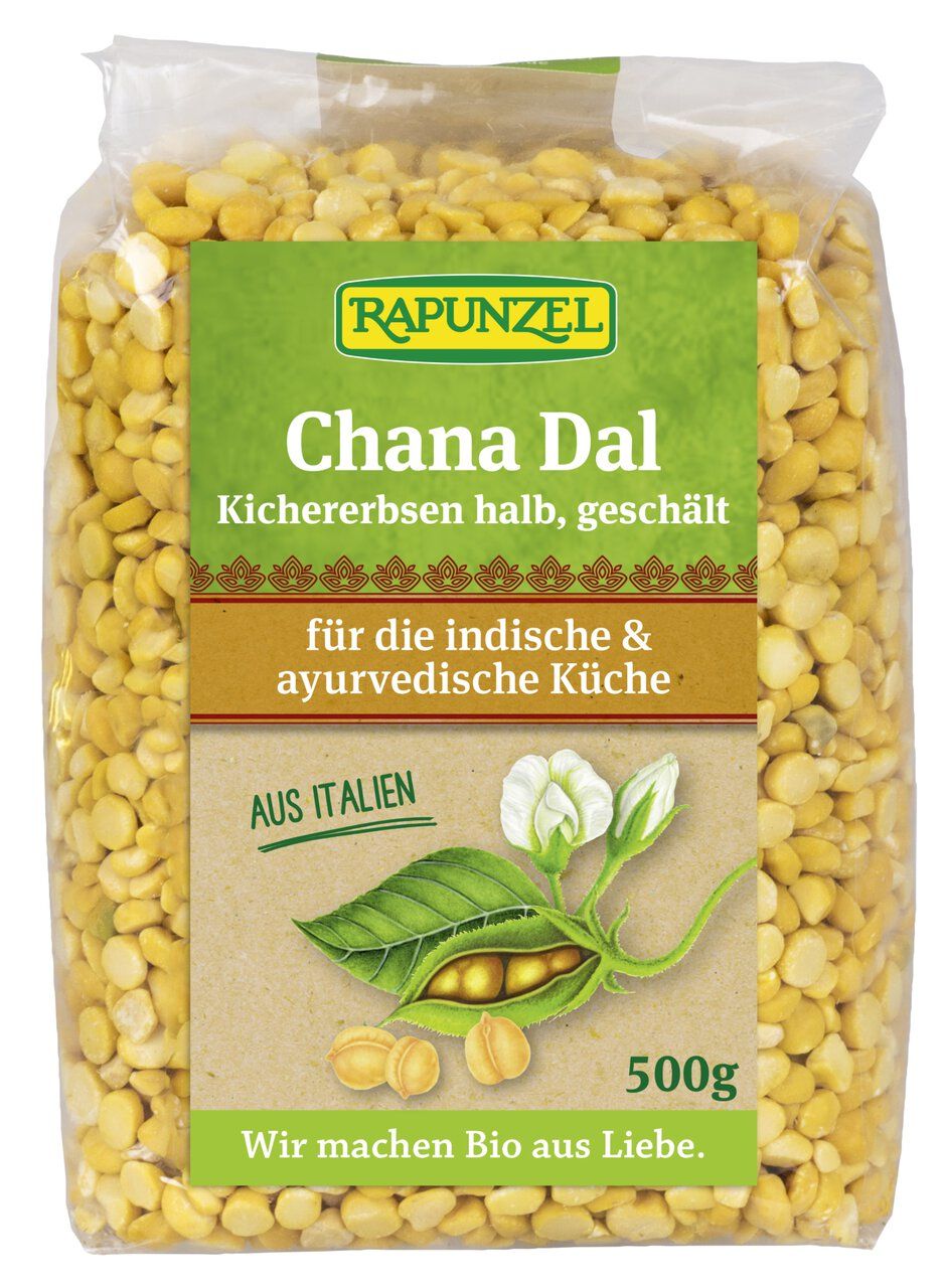 Rapunzel Chana Dal: ceci dimezzati e decorticati in confezione, 500g.