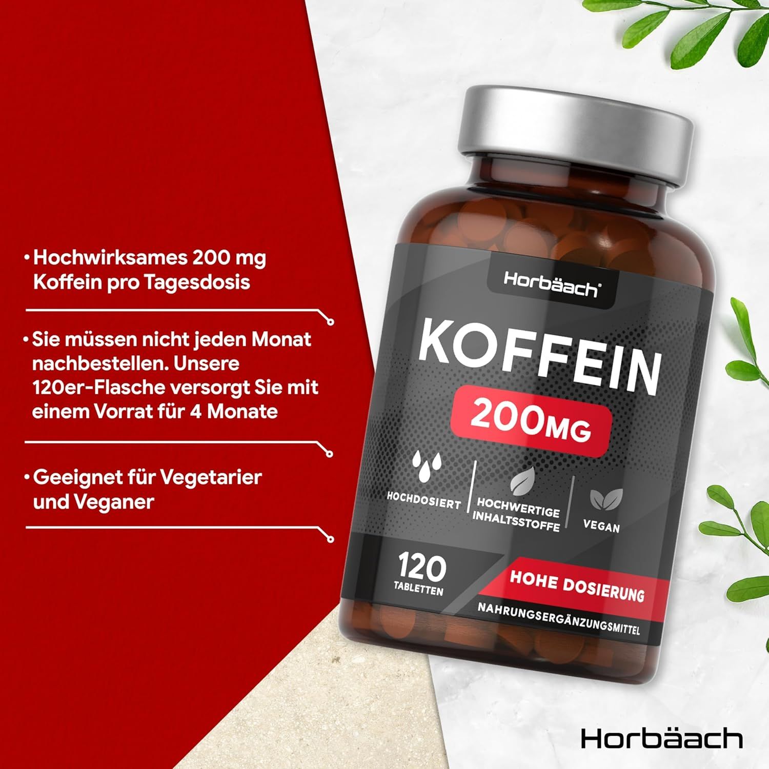 Flacone marrone con compresse. Scritta: Koffein 200mg, 120 compresse. Vegano, ad alto dosaggio, ingredienti di qualità.