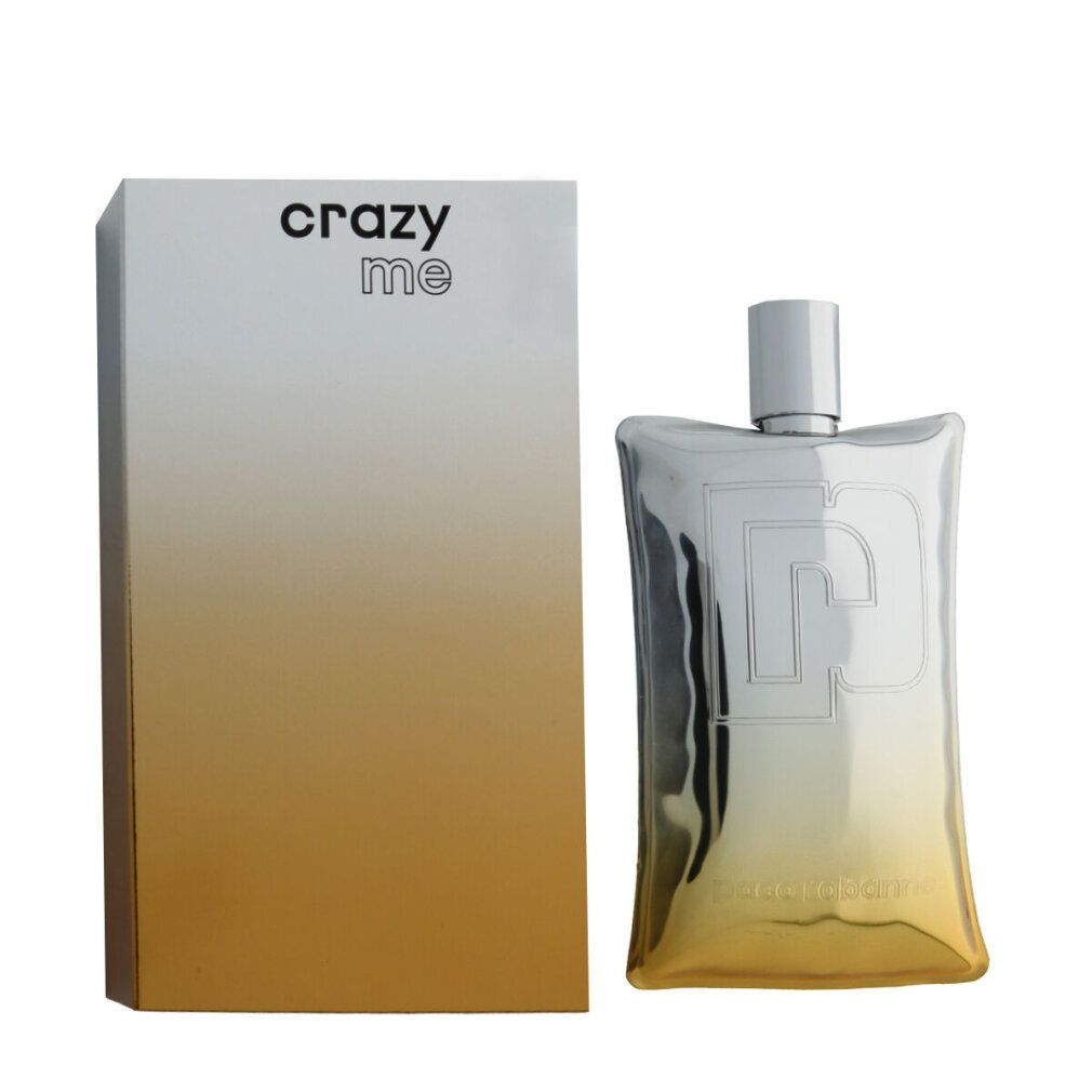 Flacone di profumo e confezione. Flacone argento-oro con logo "P". Confezione con scritta "crazy me". Sfumatura oro-argento.