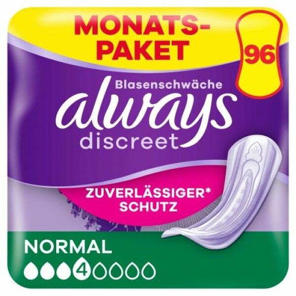 Always Discreet Normal. Confezione mensile. 96 pezzi. Immagine e informazioni.