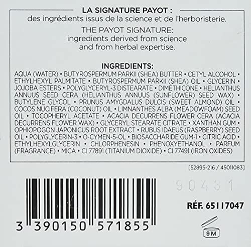 Retro della confezione del prodotto con ingredienti e codice a barre. Testo in inglese e francese.