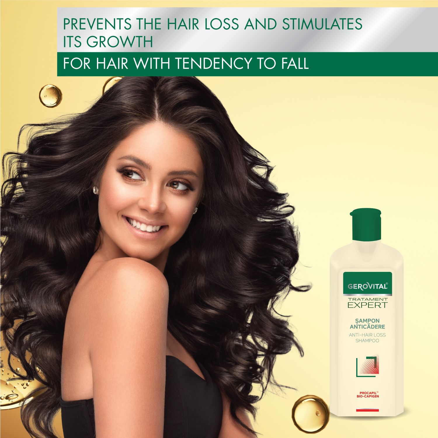 Donna con lunghi capelli scuri. Accanto: Shampoo anticaduta Gerovital. Testo: Anti-Hair Loss Shampoo.