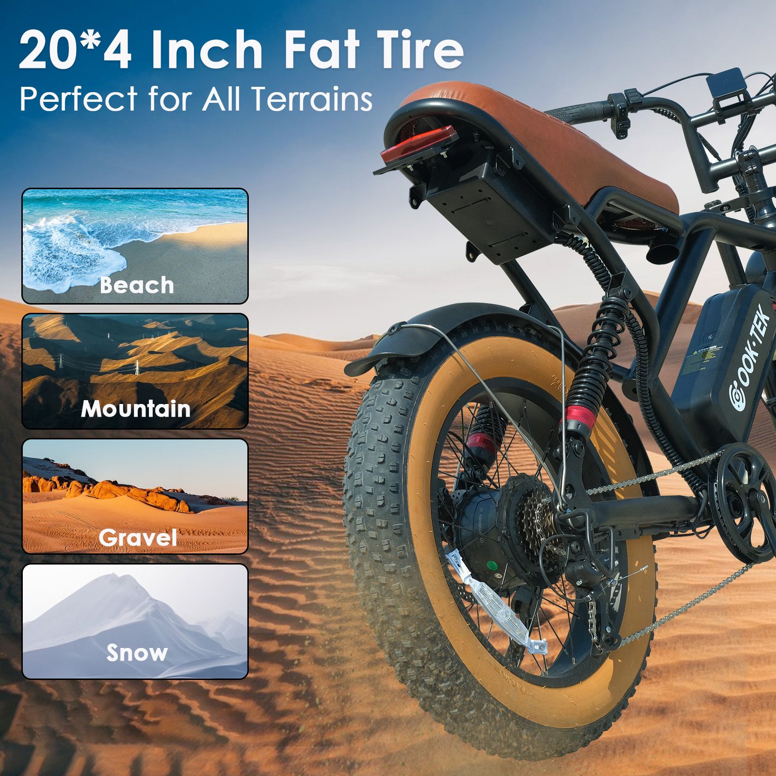 E-bike con pneumatici larghi sulla sabbia. Testo: 20*4 Inch Fat Tire. Scene: Spiaggia, Montagna, Ghiaia, Neve.