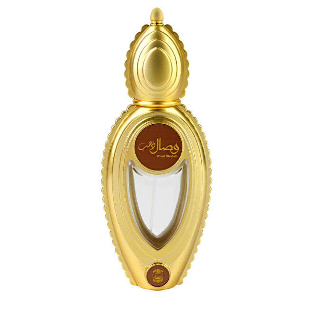 Flacone dorato con etichetta marrone e scritta araba. Forma ovale, superficie scanalata e tappo dorato.