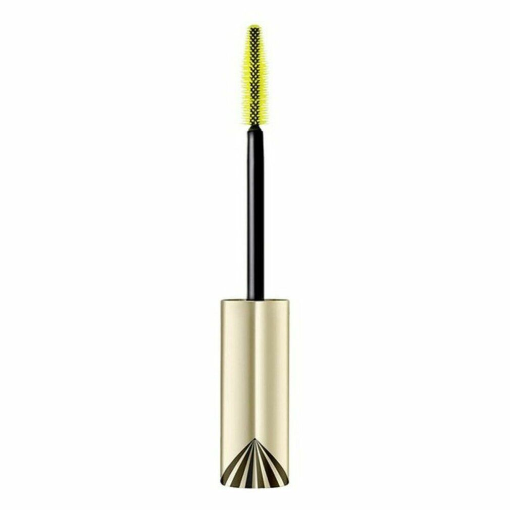Spazzolino per mascara con setole gialle. L'impugnatura è nera. Il tappo è dorato.