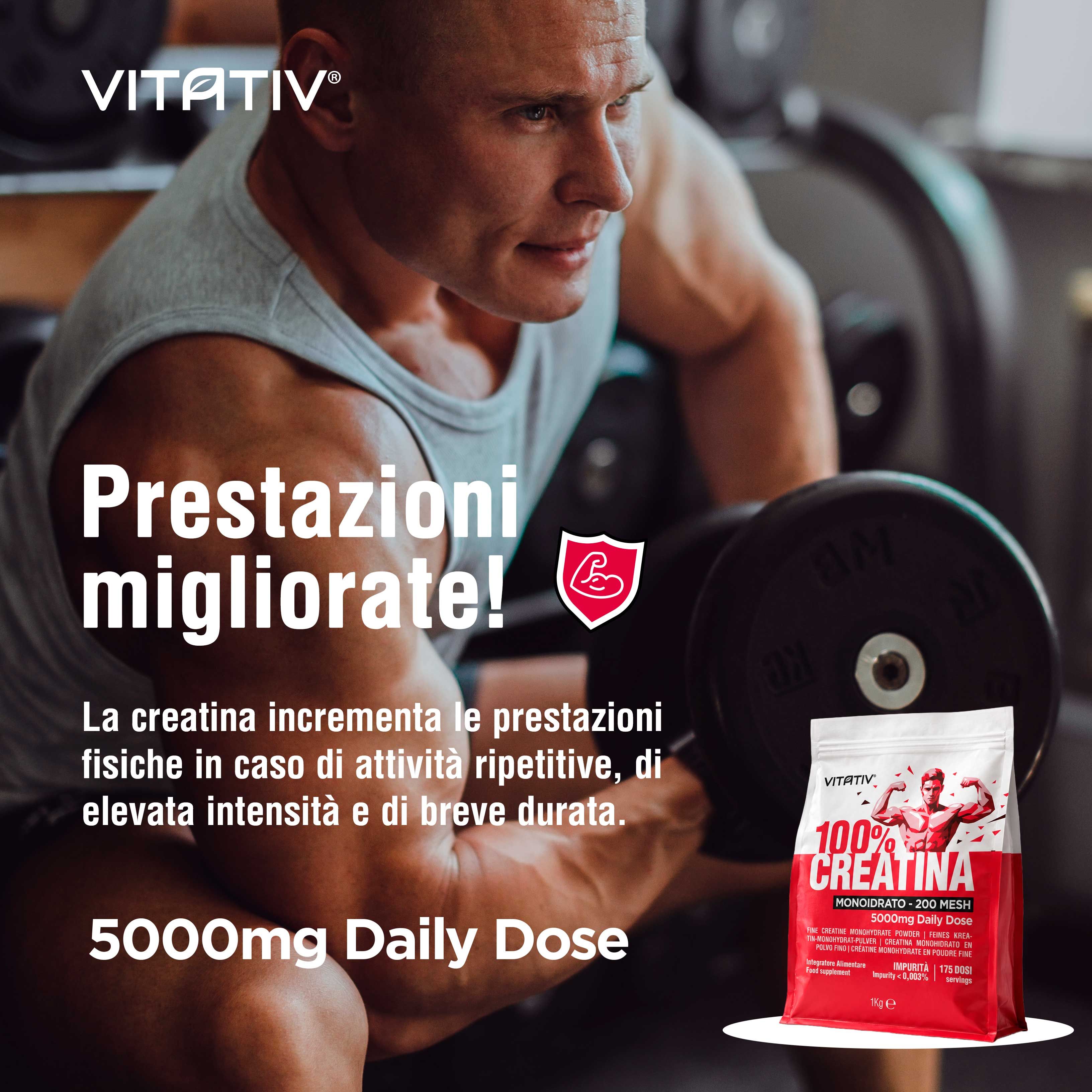 Vitativ 100% Creatina Monoidrato Polvere, 200 Mesh, busta 1kg.