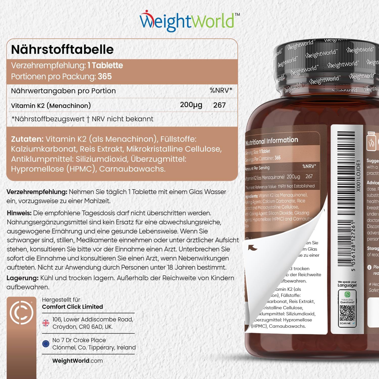 Tabella nutrizionale. Testo: Vitamina K2 (Menachinone) 200µg. Ingredienti: Vitamina K2, eccipienti, carbonato di calcio, estratto di riso, cellulosa microcristallina.