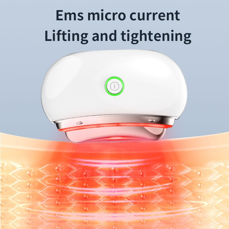 Dispositivo di sollevamento facciale LED Gua Sha bianco con bordo argentato, pulsante di accensione verde e luce rossa.
