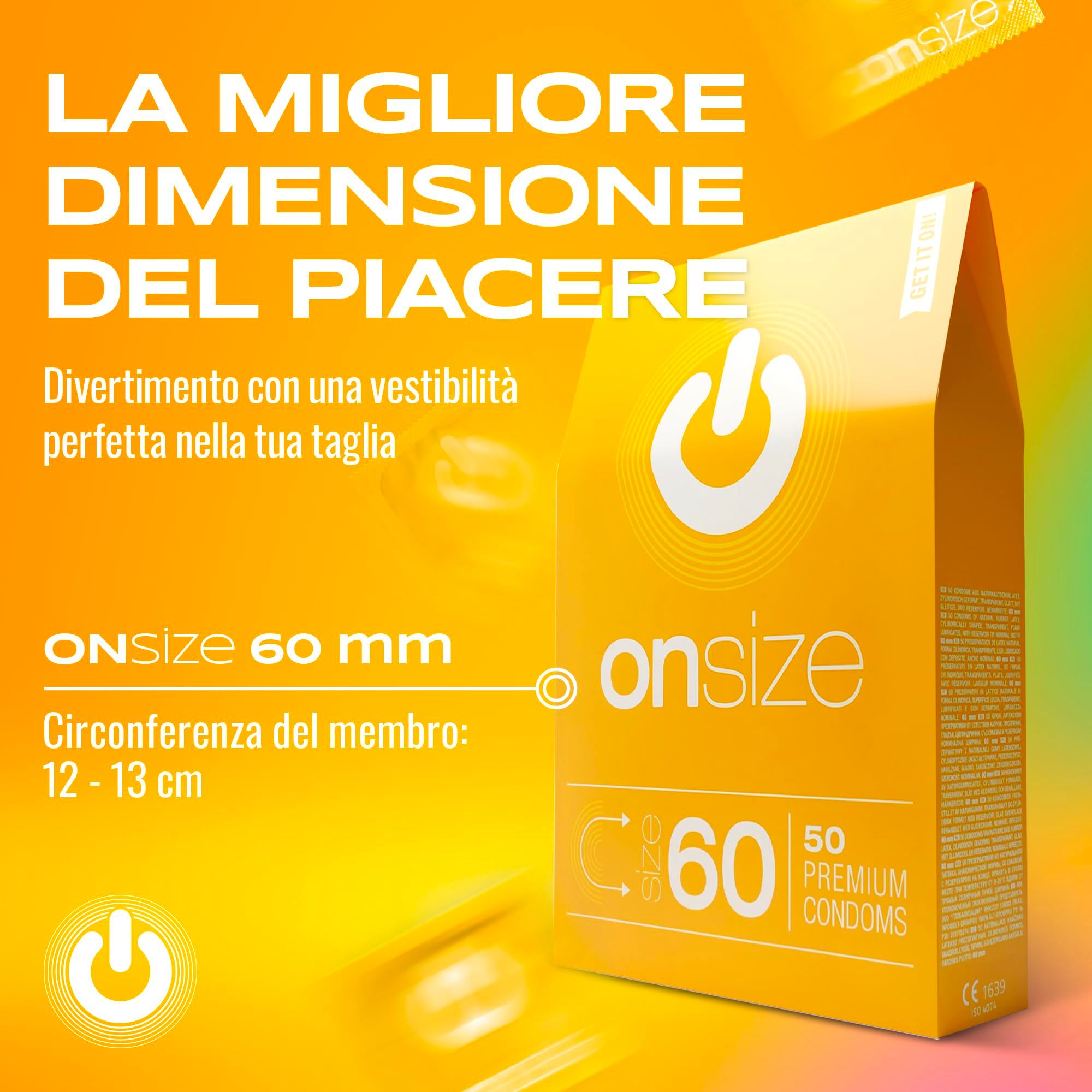 Confezione ONsize 60mm, 50 preservativi premium. Testo: La migliore dimensione del piacere.