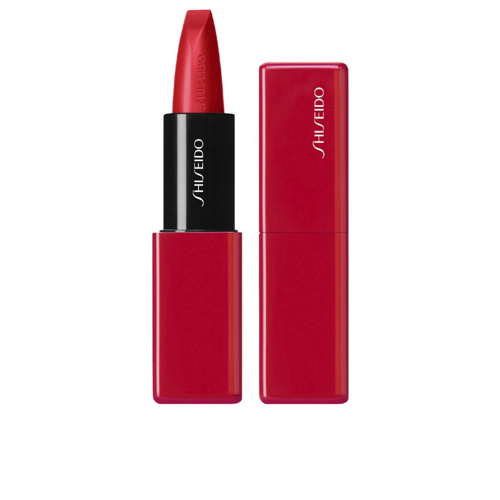Rossetto rosso con custodia rossa. Stelo nero con scritta bianca SHISEIDO. Custodia aperta e chiusa affiancate.