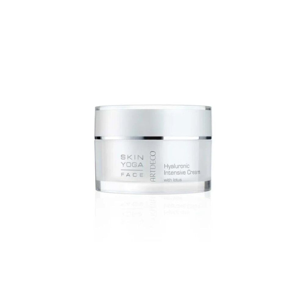 Vasetto di crema con coperchio. Scritta: Skin Yoga Face, Artdeco, Hyaluronic Intensive Cream with lotus.