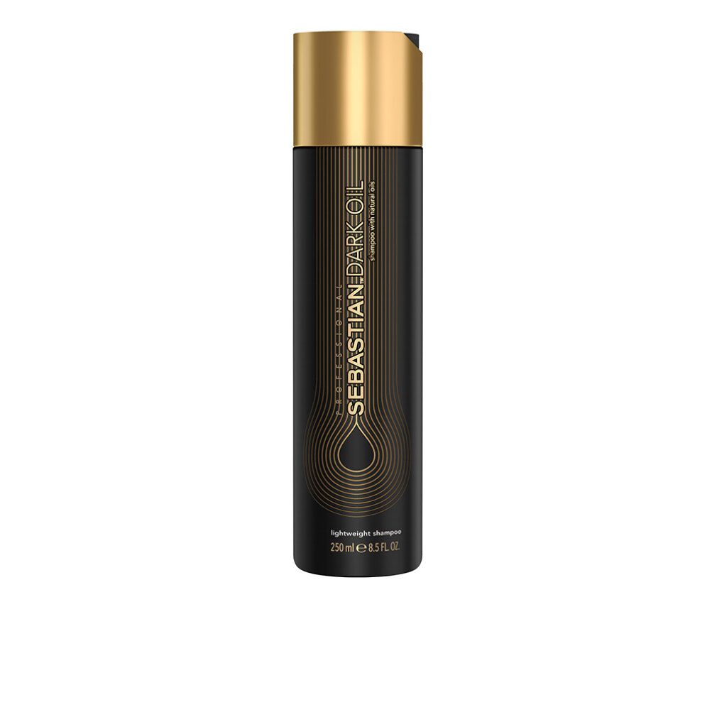 Flacone blu scuro con tappo dorato. Scritta: Sebastian Dark Oil. Contiene 250 ml. Vista verticale.