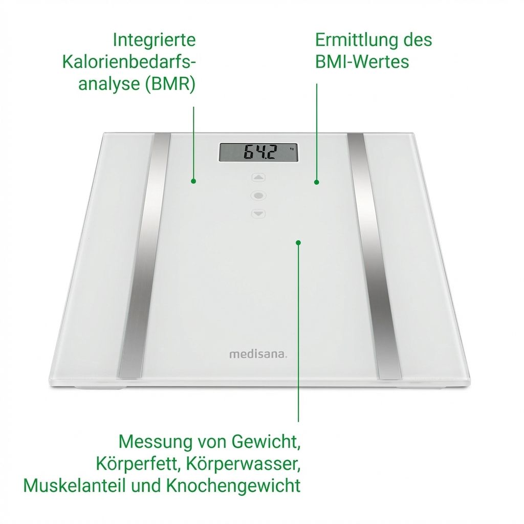 Bilancia di analisi corporea bianca con analisi BMR integrata, calcolo BMI e misurazione peso, acqua corporea, muscoli, ossa.