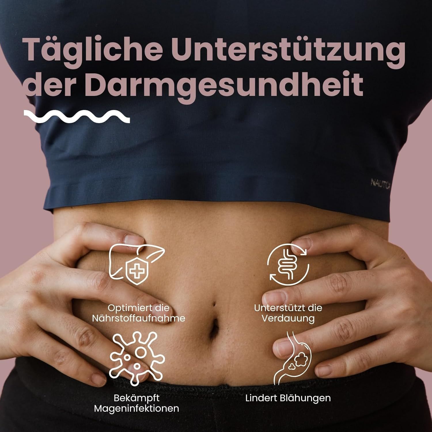 Pancia di una donna. Grafici che mostrano i benefici: ottimizza l'assorbimento dei nutrienti, favorisce la digestione, combatte le infezioni gastriche, ecc.