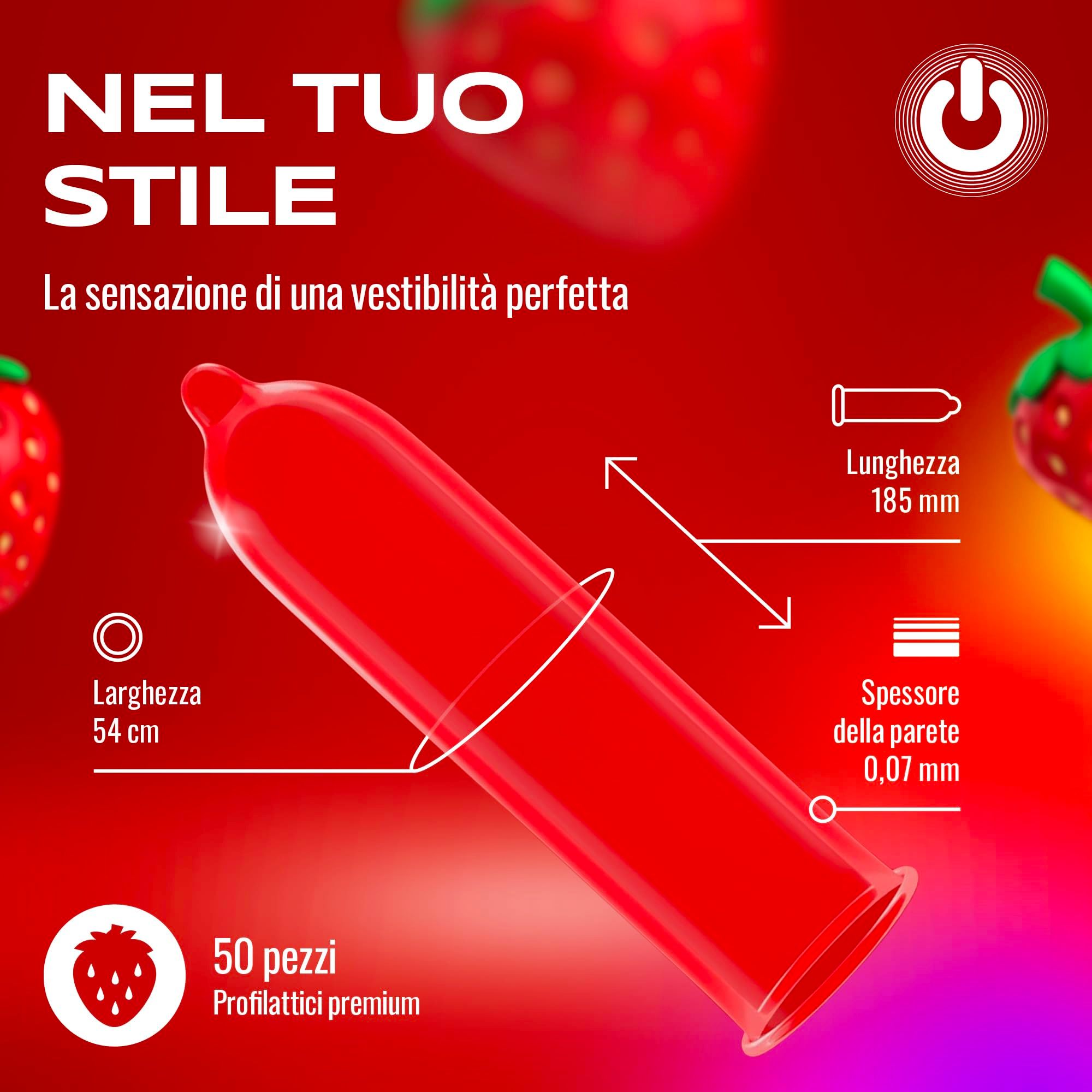 Preservativo rosso, lunghezza 185 mm, larghezza 54 mm, spessore 0,07 mm.
