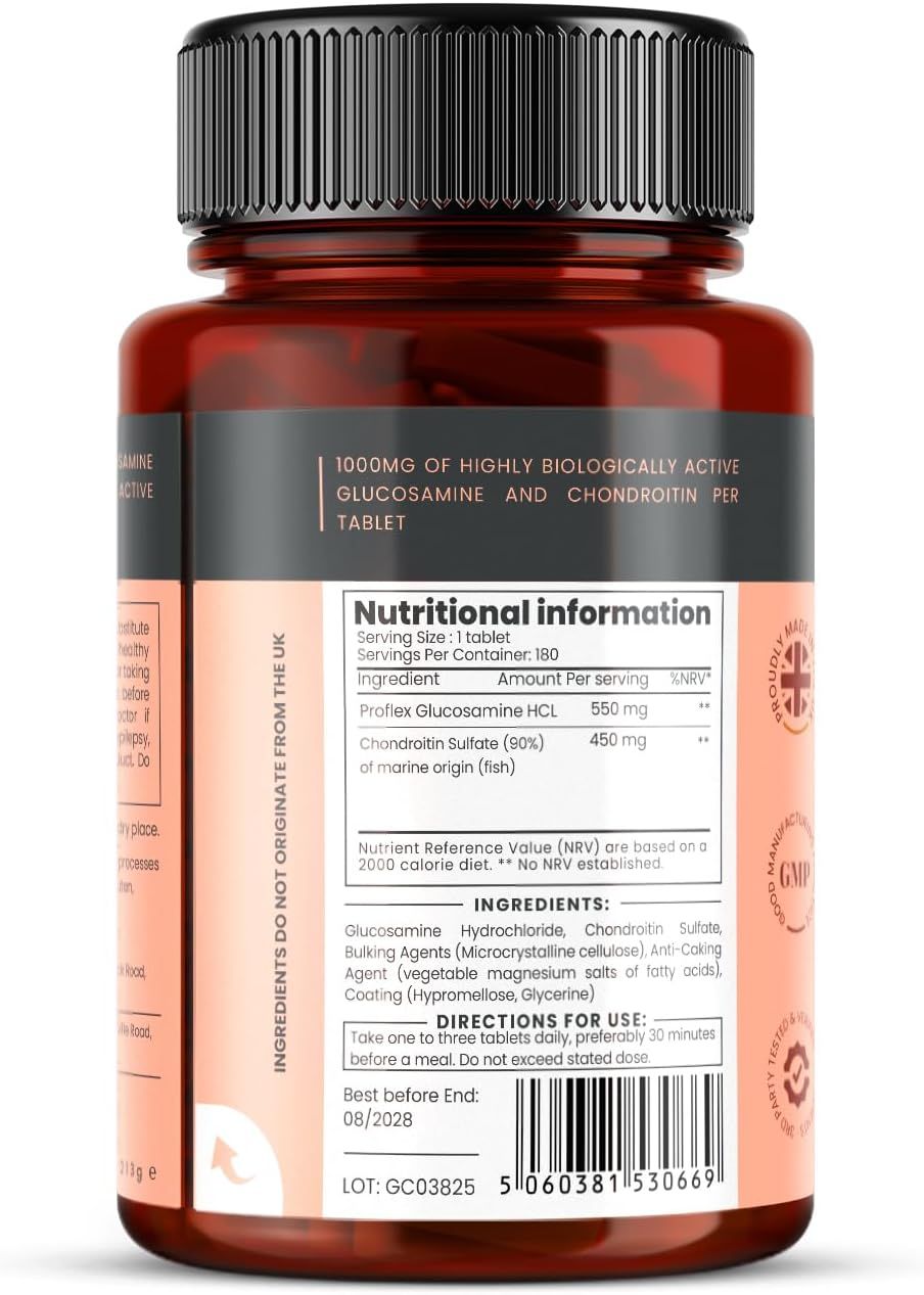 Retro di un flacone marrone di compresse. Testo: Informazioni nutrizionali, ingredienti, istruzioni per l'uso.